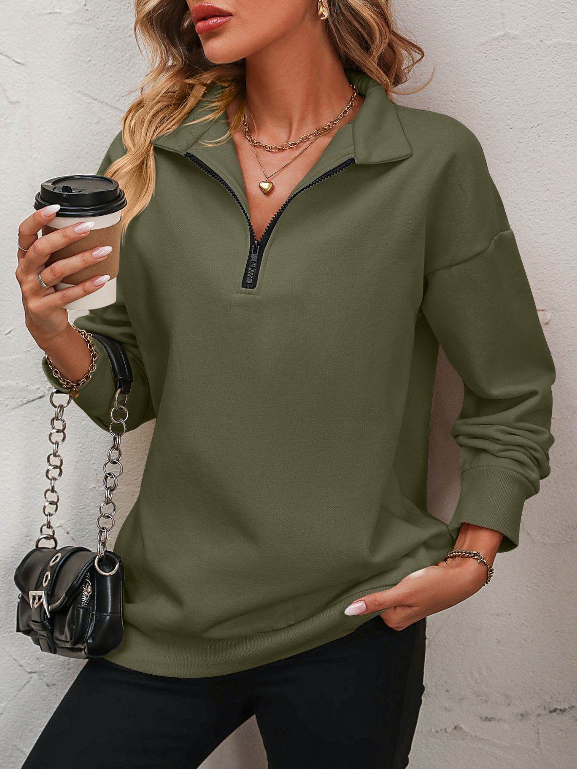 Zip-Up Dropped Shoulder Sweatshirt - VacationGrabs