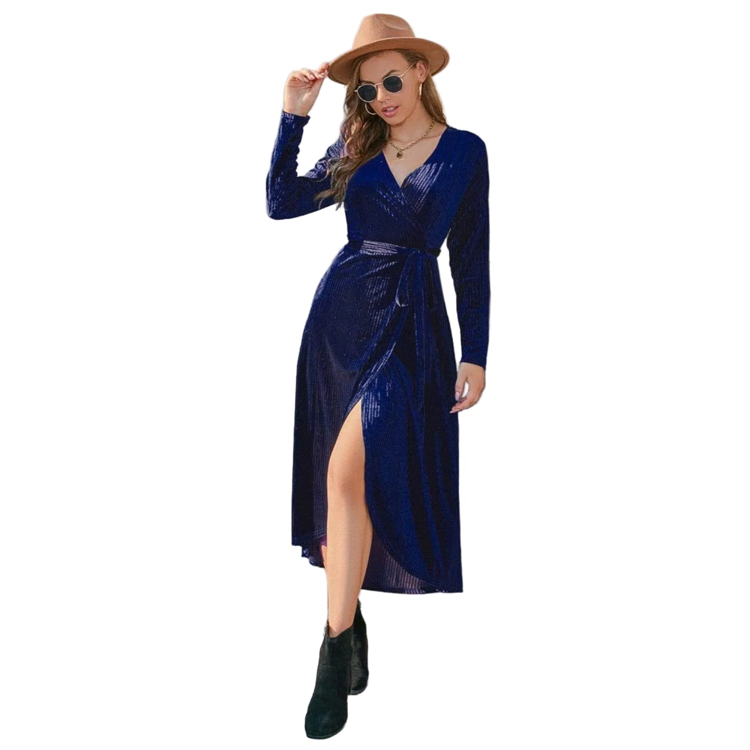 Tie Front Long Sleeve Slit Dress - VacationGrabs