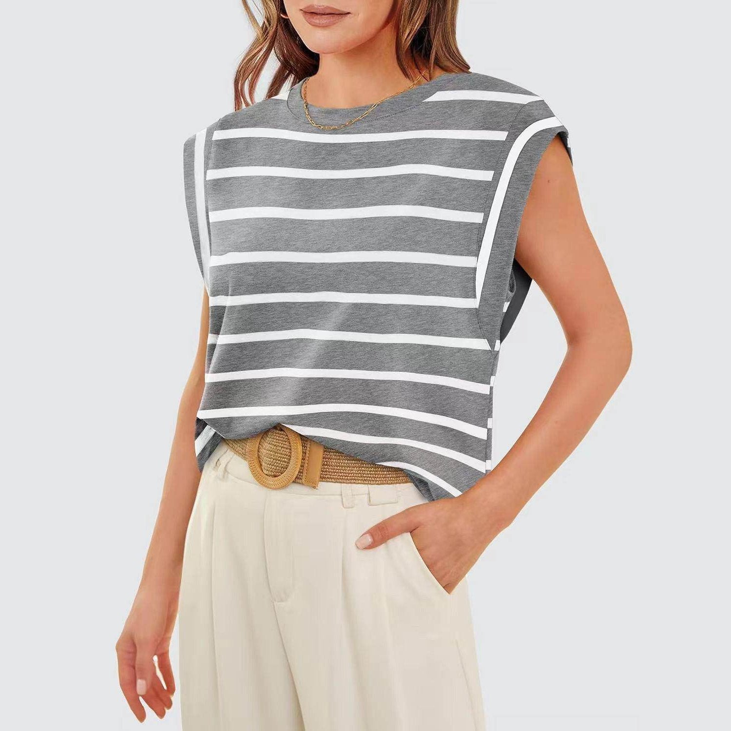 Striped Round Neck Cap Sleeve T-Shirt - VacationGrabs