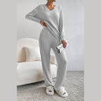 Women Ribbed Knit V Neck Slouchy Two-piece Outfit - VacationGrabs