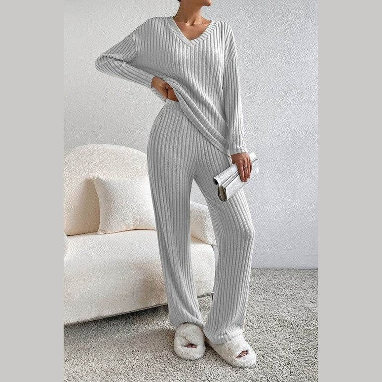 Women Ribbed Knit V Neck Slouchy Two-piece Outfit - VacationGrabs