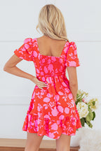 Floral Bubble Sleeve Sweetheart Neck Ruffle Mini Dress