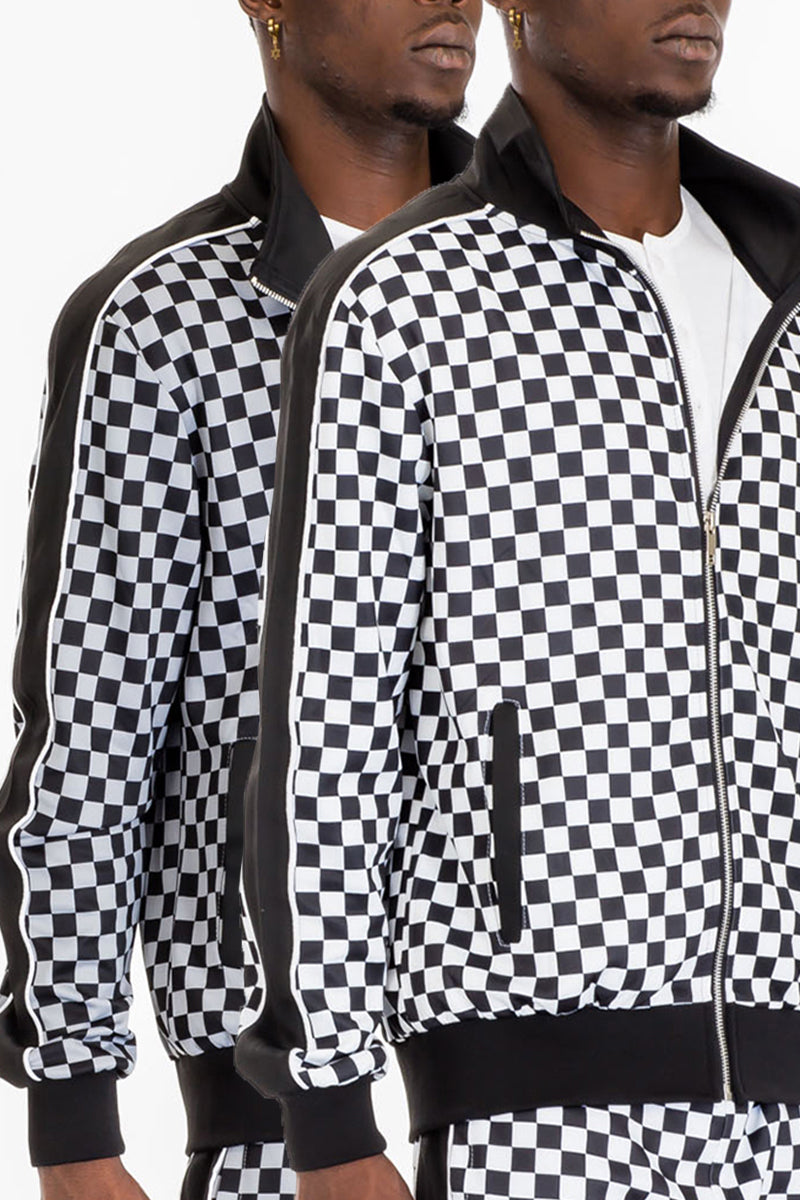 Checkered Track Jacket – Full Zip with Stripe Detail