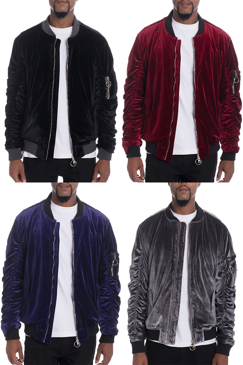 Velour Bomber Jacket with Zipper Pocket & Ribbed Trim