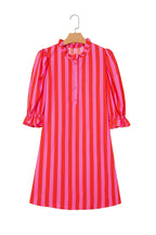Stripe Half-Button Puff Sleeve Mini Dress