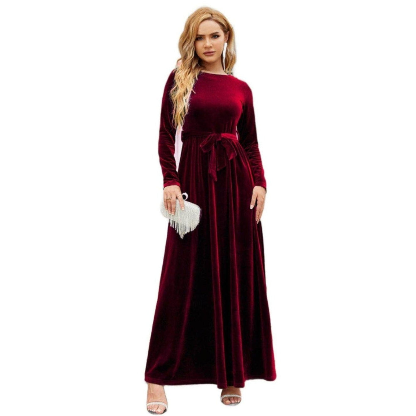 Tie Front Round Neck Long Sleeve Maxi Dress - VacationGrabs