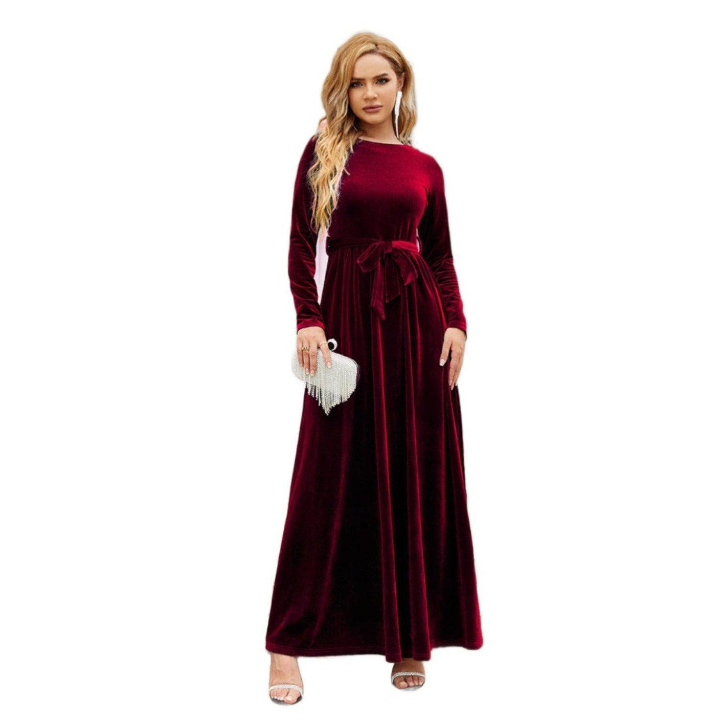 Tie Front Round Neck Long Sleeve Maxi Dress - VacationGrabs