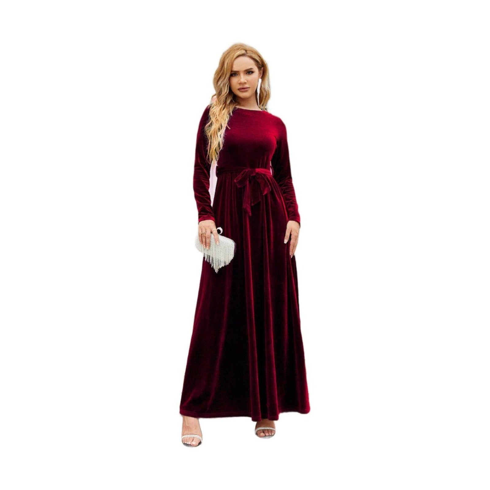 Tie Front Round Neck Long Sleeve Maxi Dress - VacationGrabs
