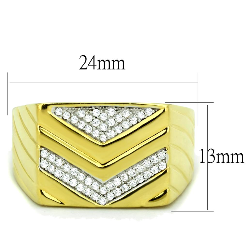 Gold men's ring with chevron design featuring AAA grade cubic zirconia ring for men