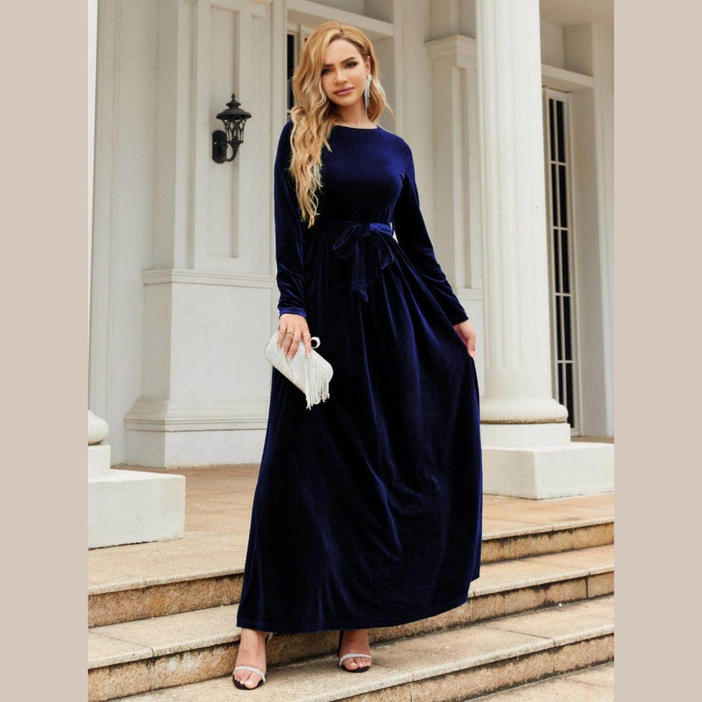 Tie Front Round Neck Long Sleeve Maxi Dress - VacationGrabs