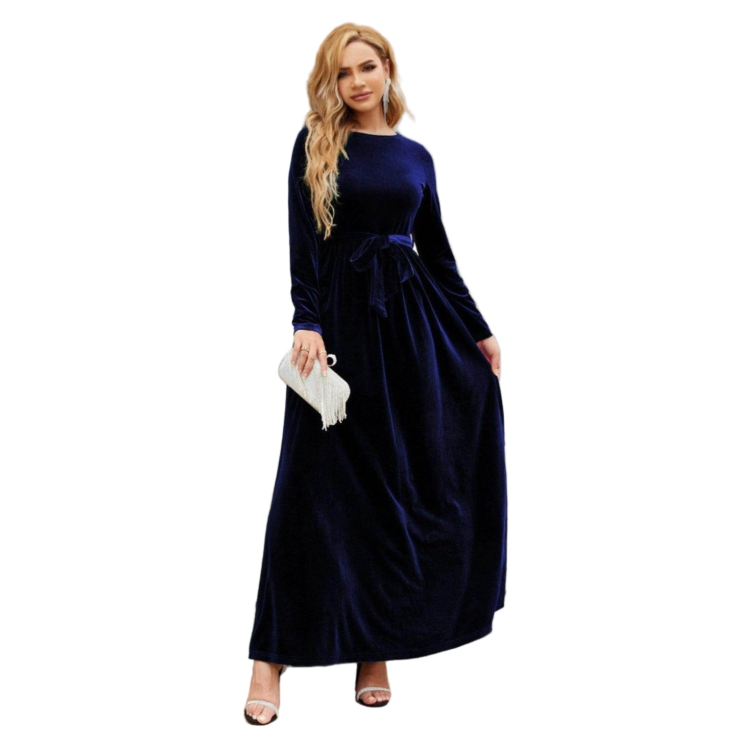 Tie Front Round Neck Long Sleeve Maxi Dress - VacationGrabs