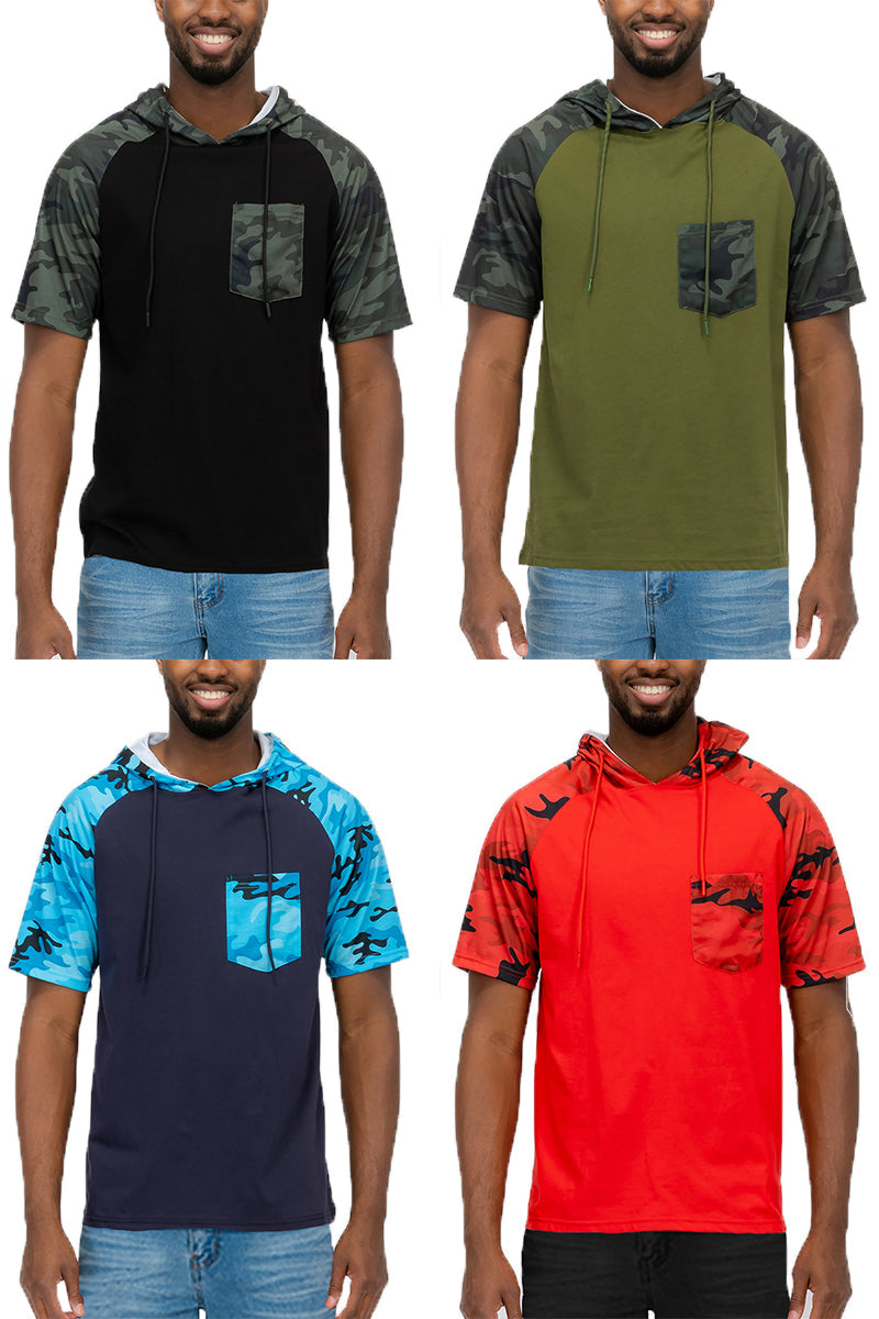 Camo Print Hooded Tee with Chest Pocket