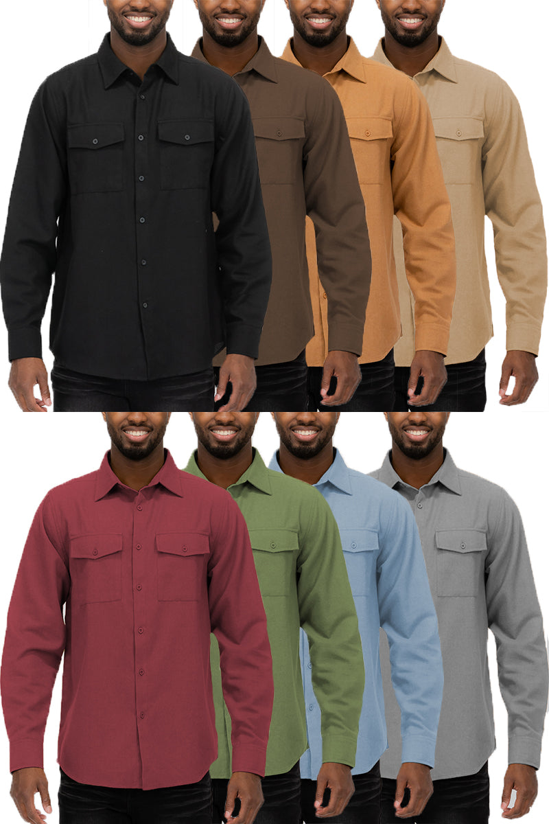 Solid Flannel Long Sleeve Shirt with Chest Pockets
