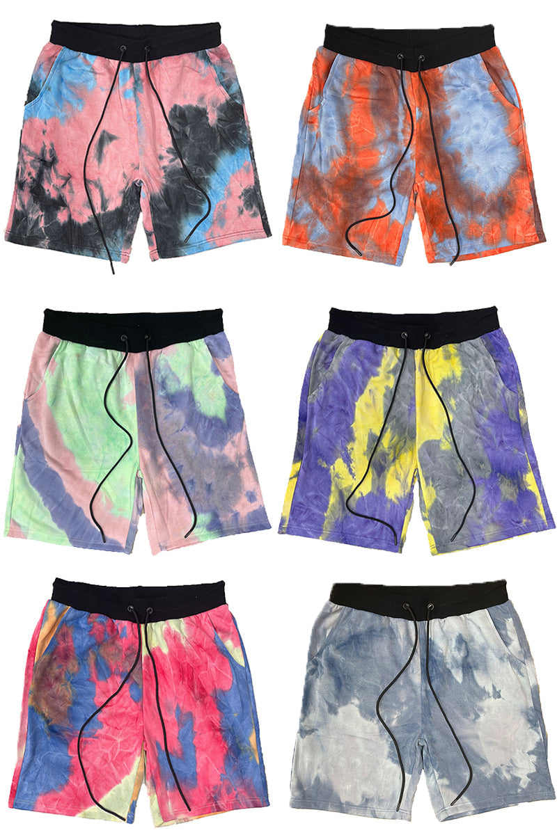 Black Band Tie Dye Shorts with Drawstring