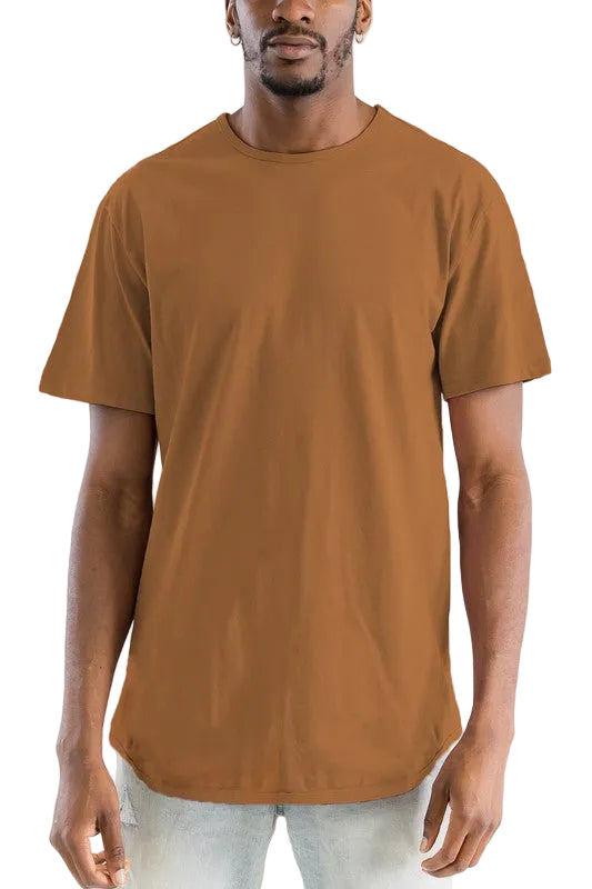 Man wearing a brown t-shirt against a white background