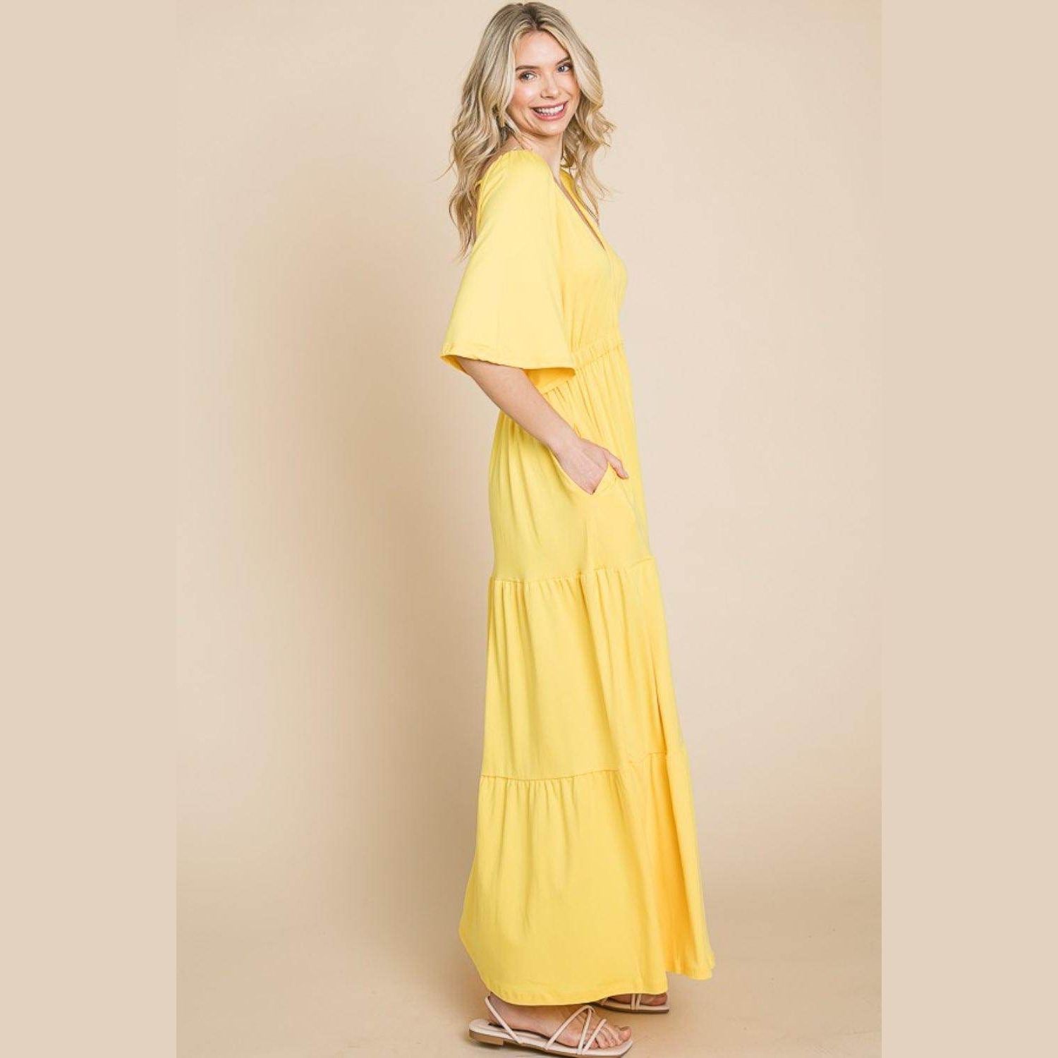 Culture Code Backless Plunge Half Sleeve Tiered Dress - VacationGrabs