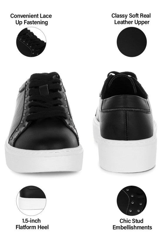 Women's black embellished chunky sneakers with soft leather upper