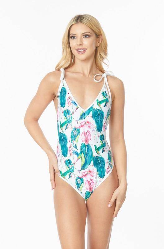 One Piece Bathing Suit Floral Print Shouler Top Ti - VacationGrabs