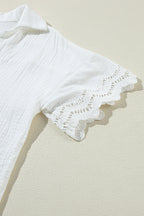 Embroidered Eyelet Crinkled Gauze Collared V-Neck Blouse