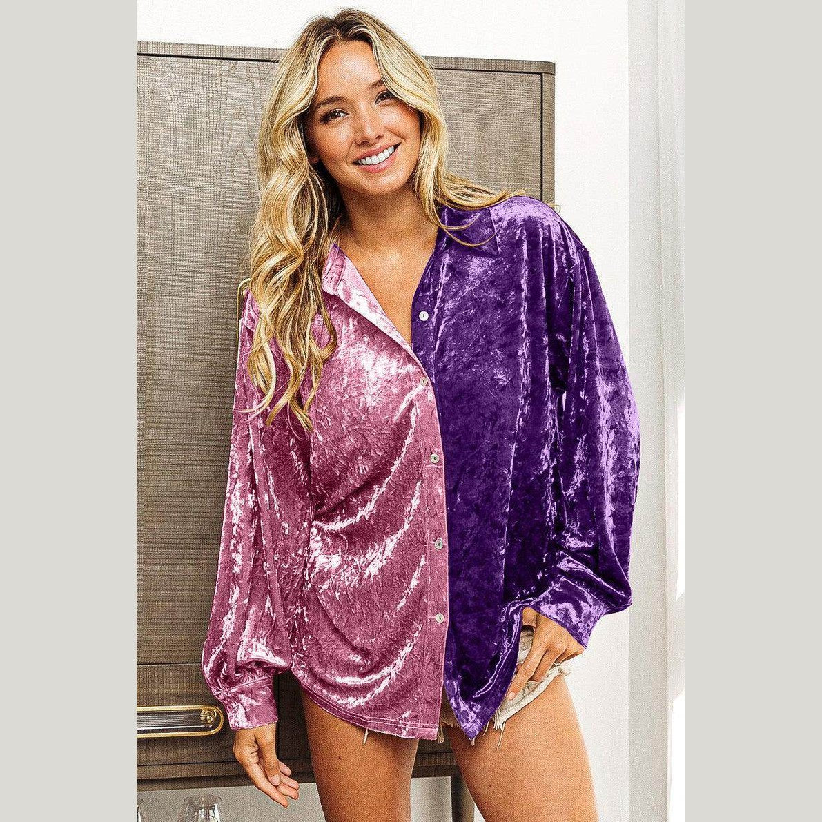 BiBi Contrast Button Up Long Sleeve Shirt - VacationGrabs
