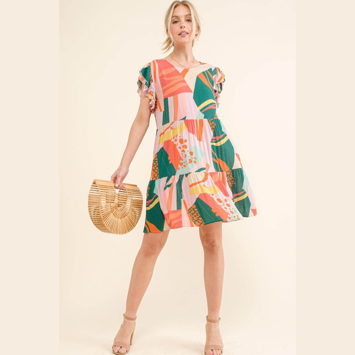 And The Why Printed Double Ruffle Sleeve Dress - VacationGrabs