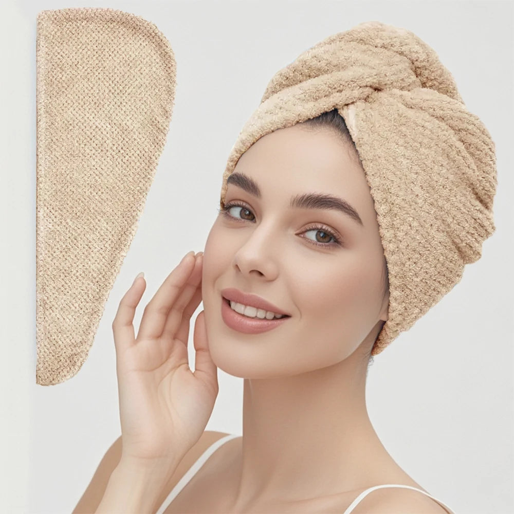 Beige absorbent hair towel wrap for women, perfect after a shower