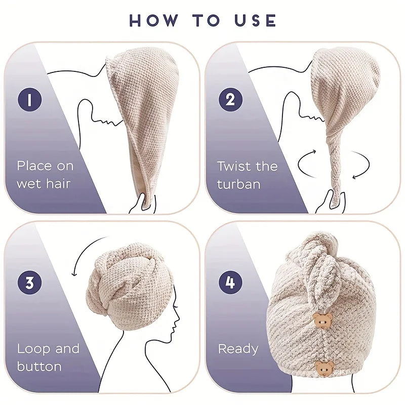 Instructional guide for absorbent hair towel wrap for women, beige color, soft material
