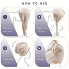 Instructional guide for absorbent hair towel wrap for women, beige color, soft material