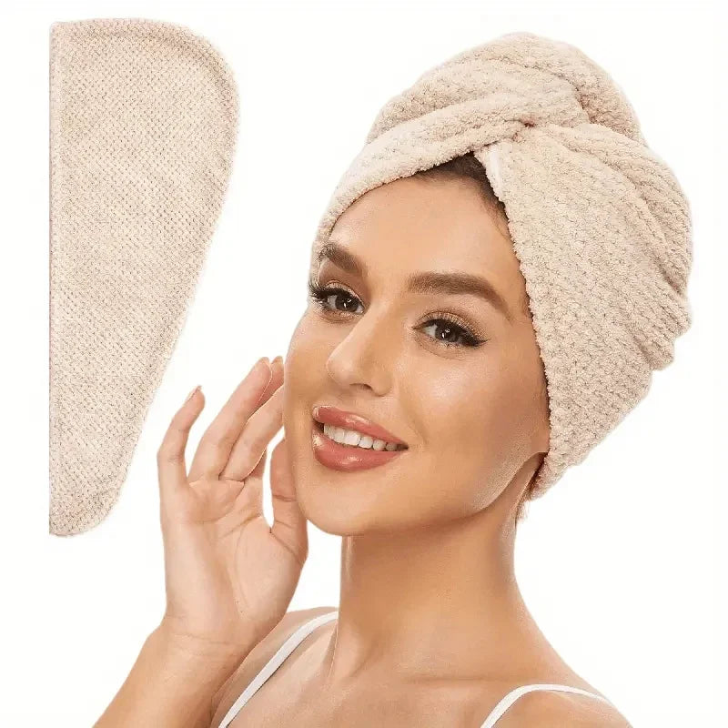 Beige absorbent hair towel wrap for women, soft and quick-drying