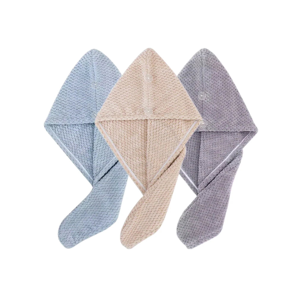 Set of absorbent hair towel wraps for women in blue, beige, and gray