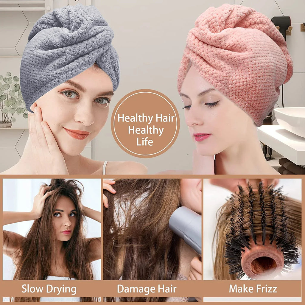 Soft microfiber absorbent hair towel wrap for women in pink and gray