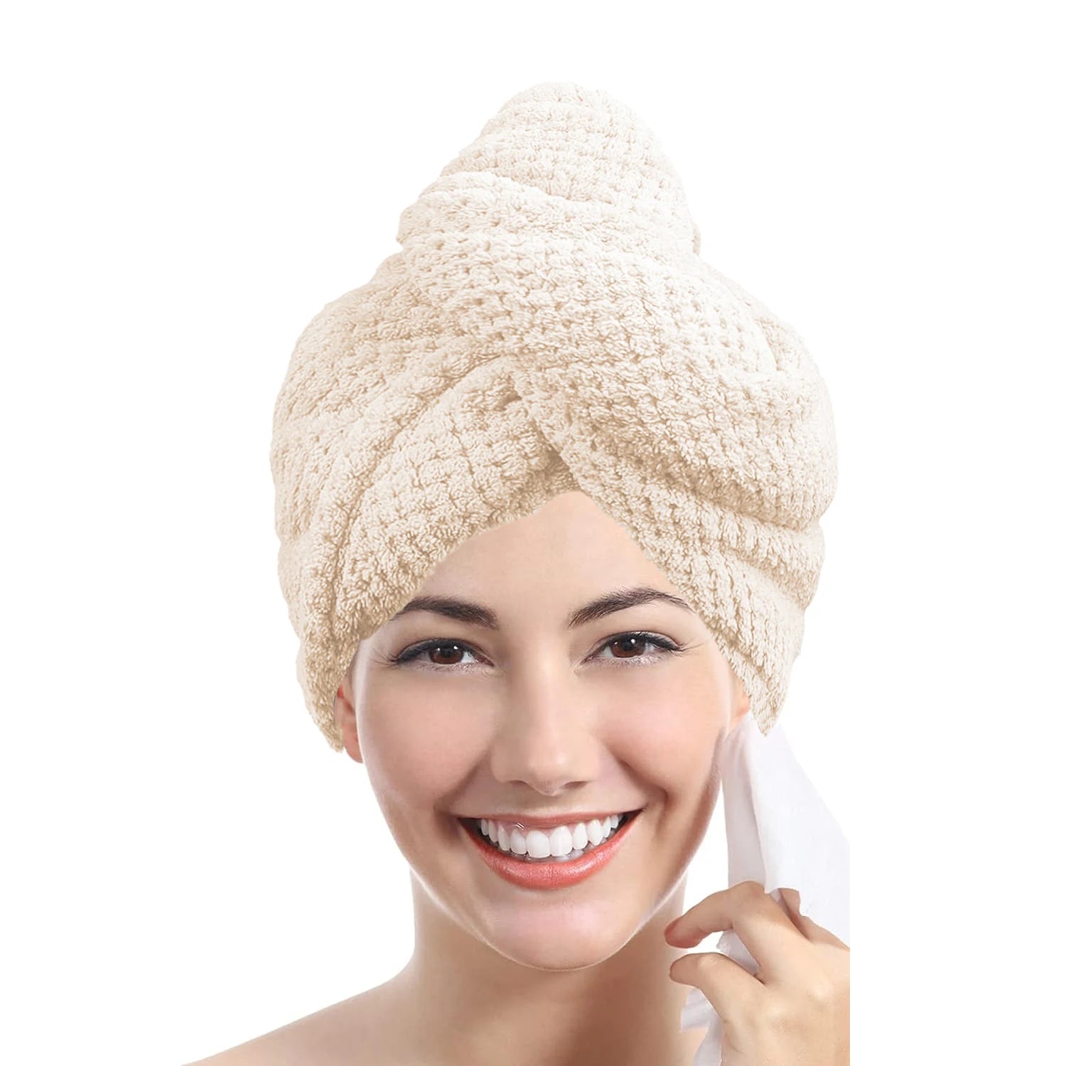 Beige absorbent hair towel wrap for women, ideal for drying hair