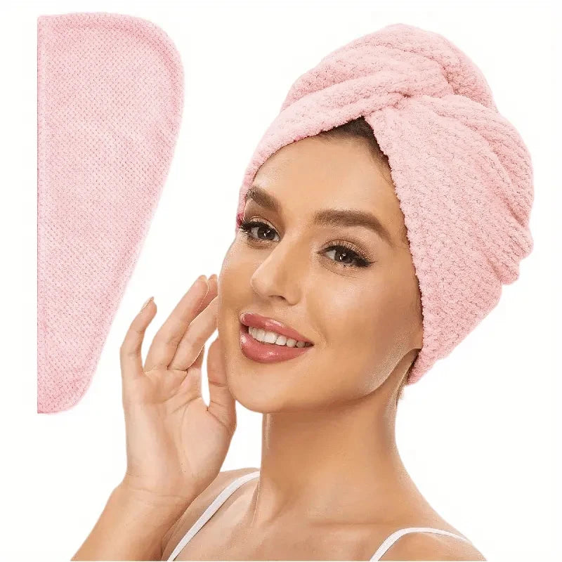 Pink absorbent hair towel wrap for women, ideal for quick drying