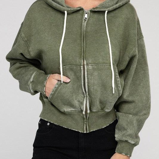 Women's Sweatshirts & Hoodies Acid Wash Fleece Cropped Zip-Up Hoodie