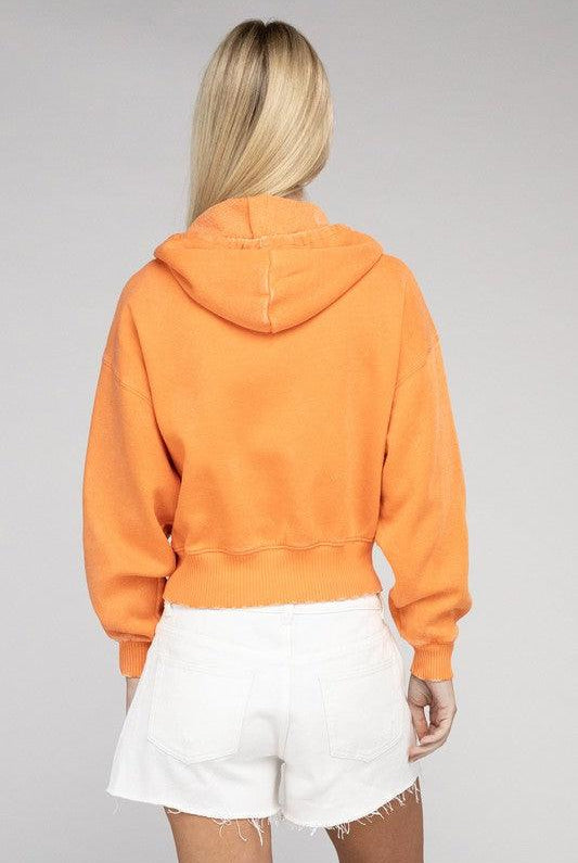 Women's Sweatshirts & Hoodies Acid Wash Fleece Cropped Zip-Up Hoodie