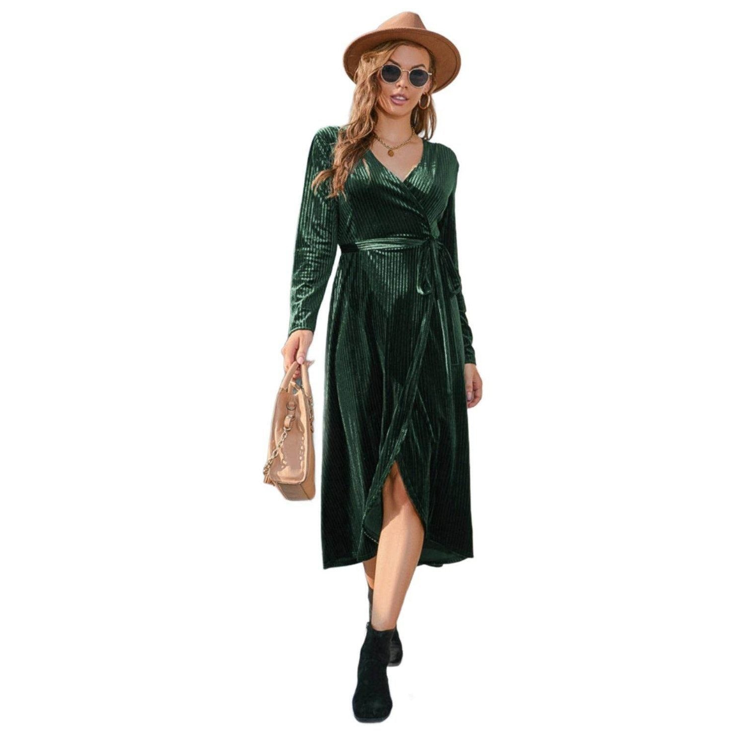 Tie Front Long Sleeve Slit Dress - VacationGrabs