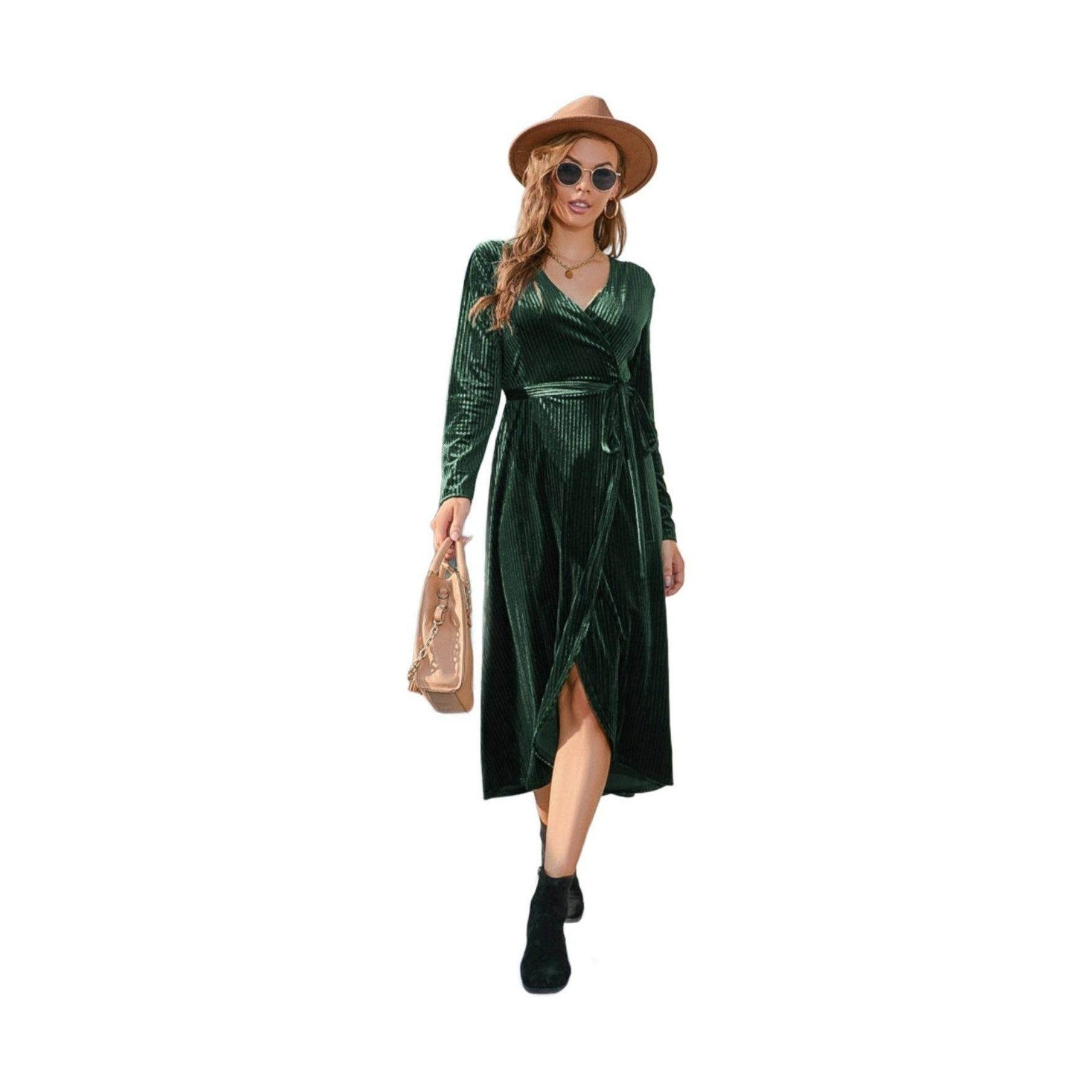 Tie Front Long Sleeve Slit Dress - VacationGrabs