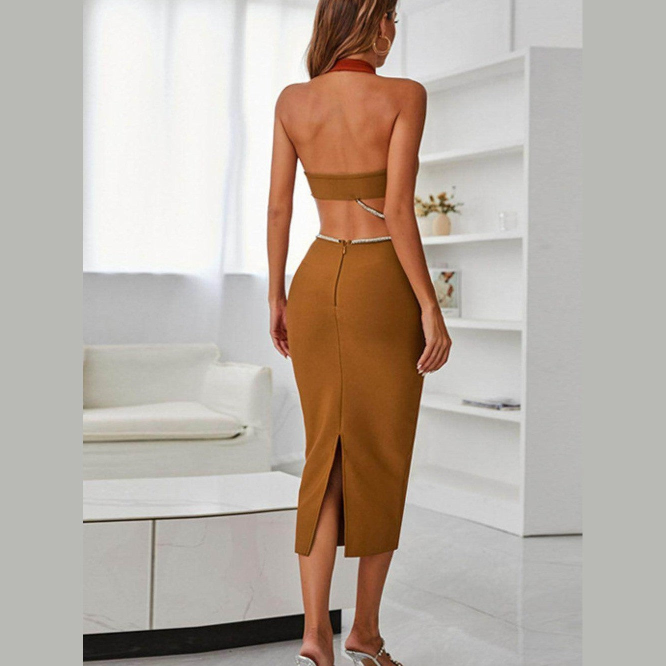 Rhinestone Halter Neck Cutout Slit Midi Dress - VacationGrabs
