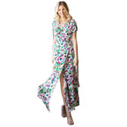 First Love Slit Printed Surplice Tie Waist Short Sleeve - VacationGrabs