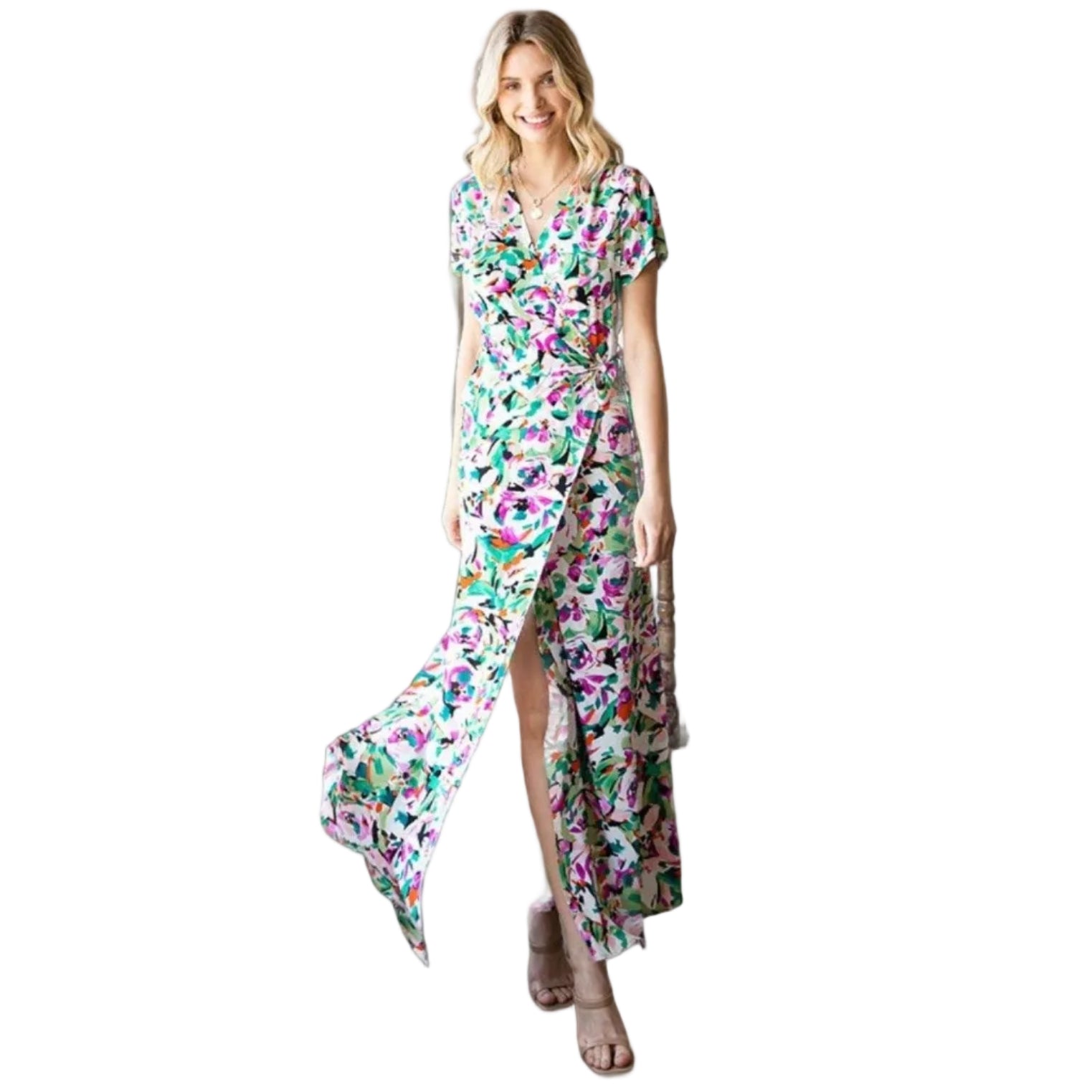 First Love Slit Printed Surplice Tie Waist Short Sleeve - VacationGrabs