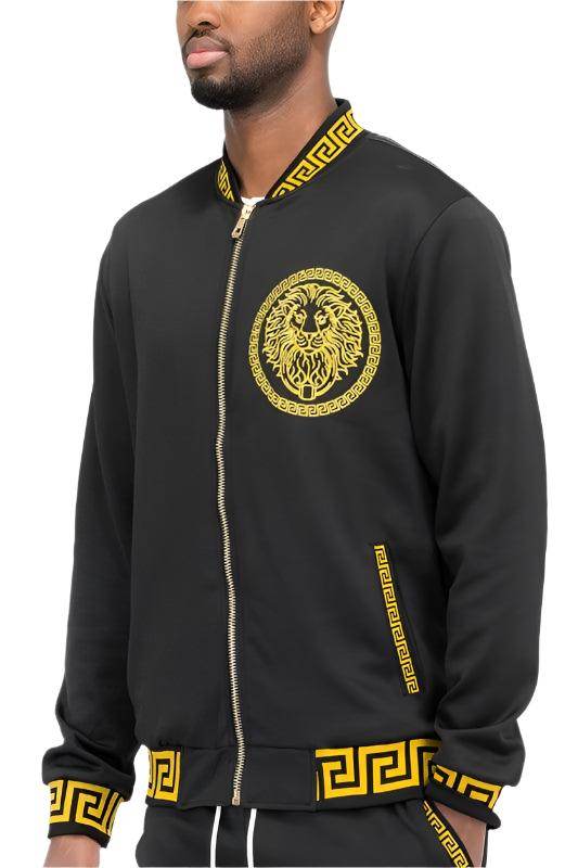 Black men's jacket with gold lion emblem, stylish and comfortable