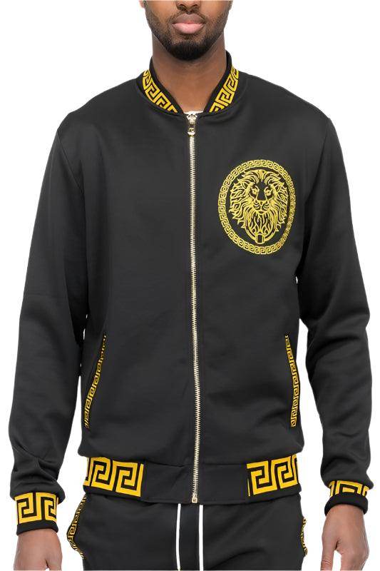 Men's black jacket with gold lion emblem, ideal for casual wear
