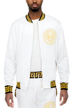 Men's white bomber jacket with gold accents for casual wear