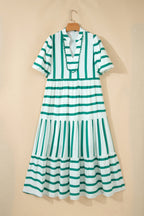 Stripe Ricrac Trim Notched Neck Midi Dress