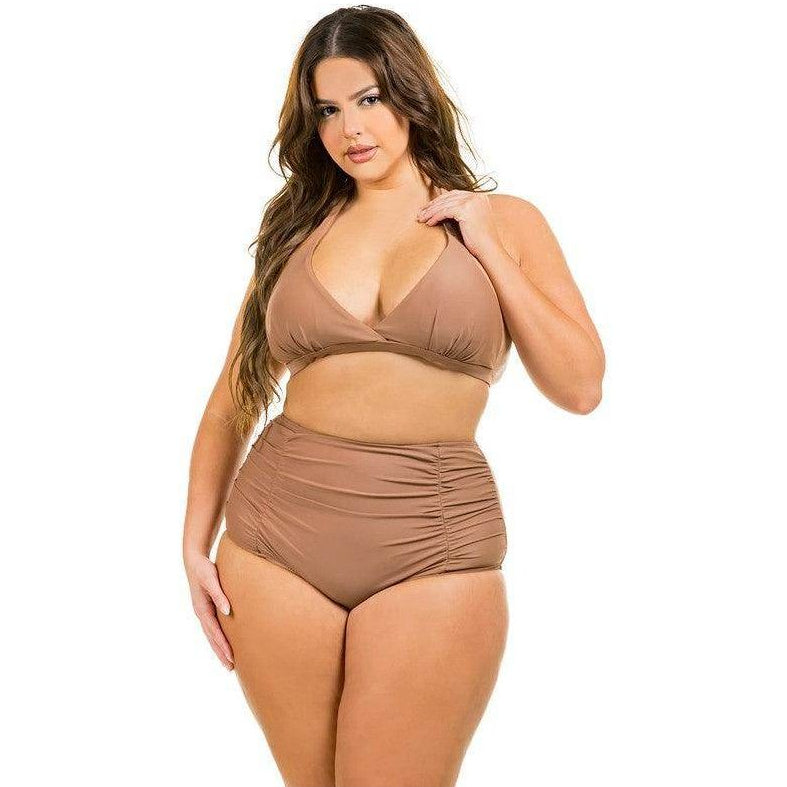 Swimwear - Two Piece High Waist With Rughe Front - VacationGrabs