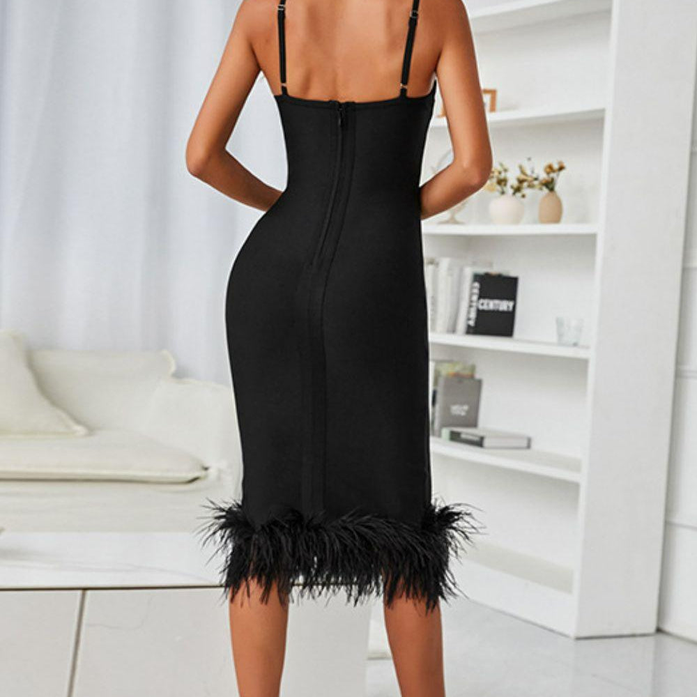 Women's Dresses Spaghetti Strap Feather Trim Bodycon Dress
