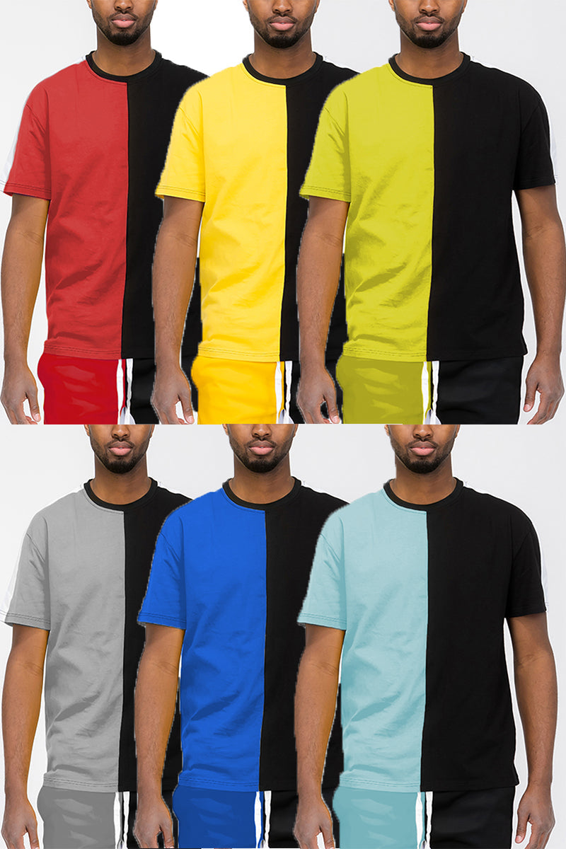 Two-Tone Split Side Stripe Cotton T-Shirt