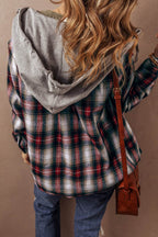 Red Plaid Print Chest Pocket Buttoned Hooded Shacket - VacationGrabs