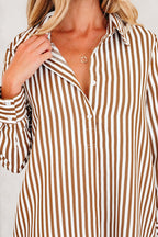 Stripe Ruffle Hem Collared Long Sleeve Shirt Mini Dress