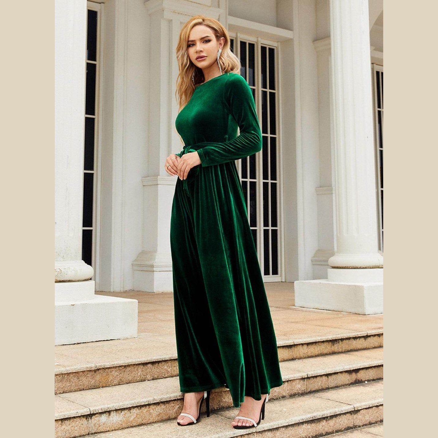 Tie Front Round Neck Long Sleeve Maxi Dress - VacationGrabs